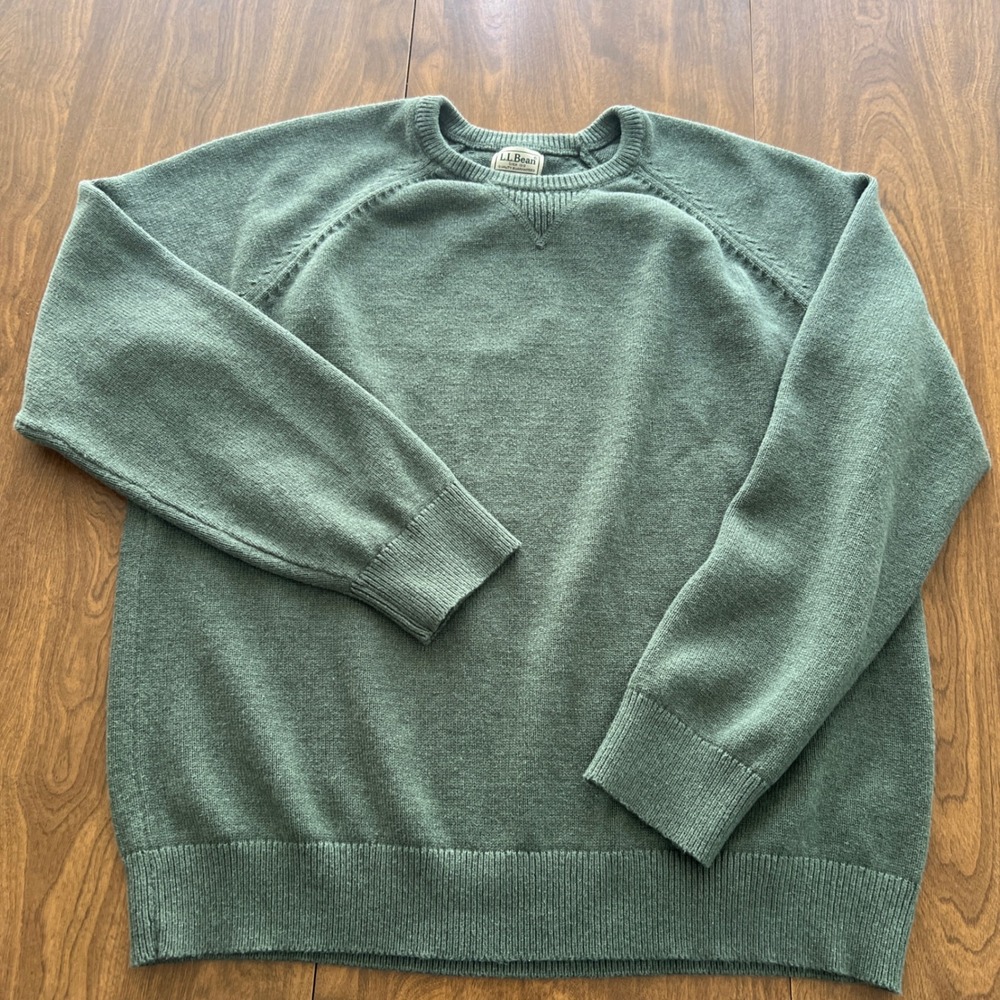 LL Bean Mens Green Cotton Cashmere Blend Crewneck Raglan Sweater Large